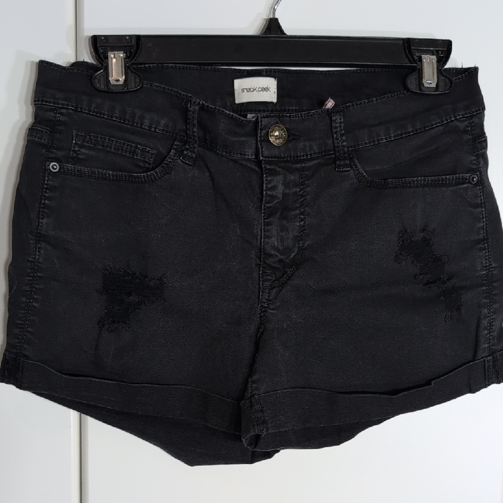 Sneak Peek Dark Jean Shorts with Ripped Accents - Picture 1 of 10